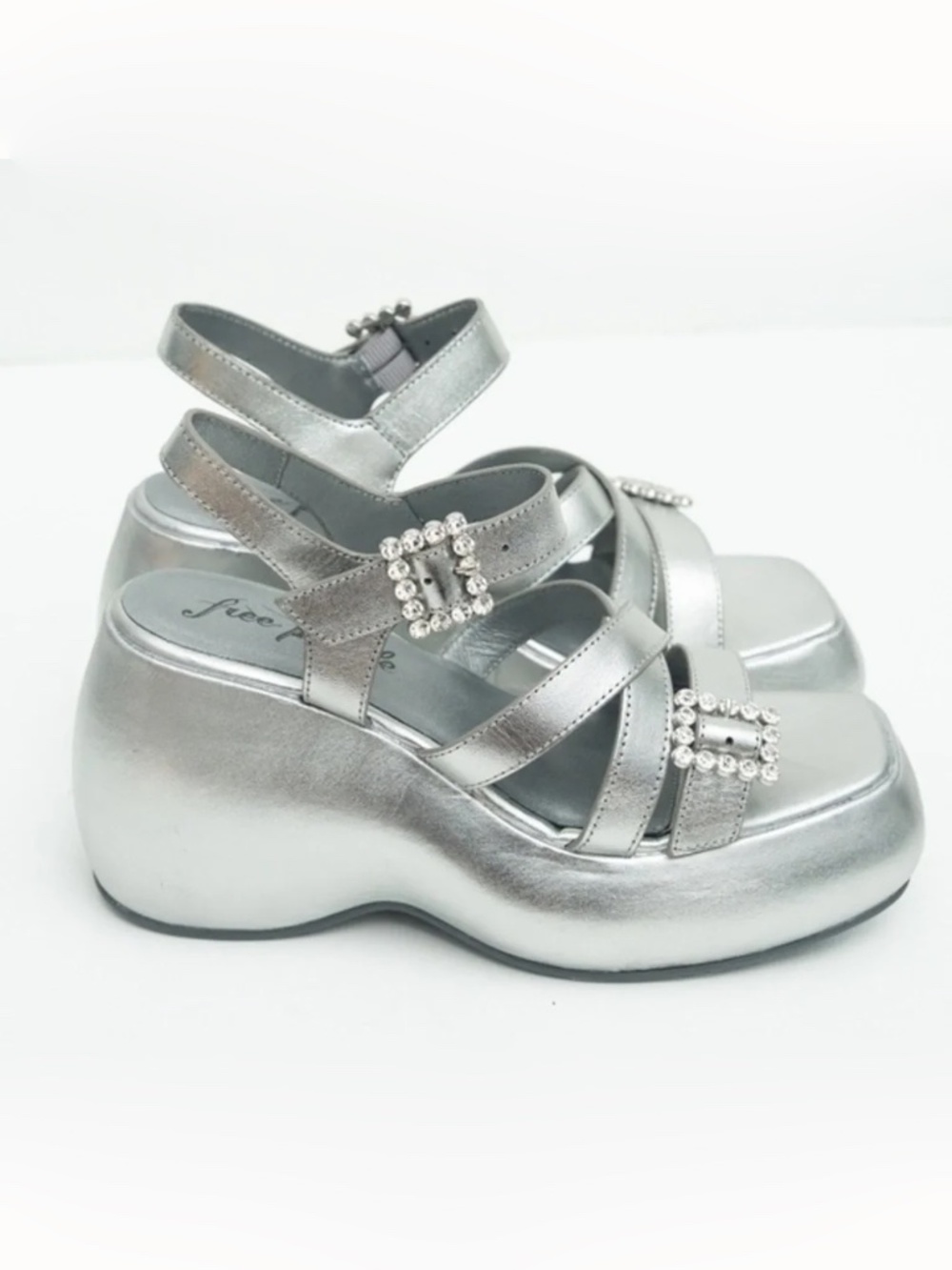 Free‎ People. Brooklyn Ankle Strap Silver Metallic Platform Sandal. 8.5